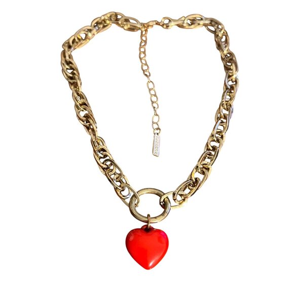 Sugarfix Red Heart Charm Necklace Gold Tone Choker Collar Pendant Puffy Adj 17.5 - Picture 1 of 5